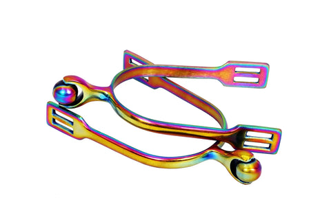 Roller Ball Horse Spurs With Dope Multi Color Stainless Steel Rainbow Finish for English Riding, lightweight and rust-resistant