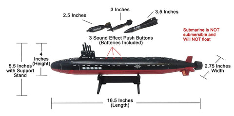 Image of Sixteen Point Five Inch Black Submarine Toy With Realistic Sound Effects Includes Two Torpedoes And An Anti Radar Missile