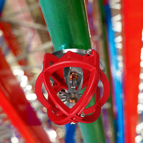 Tough As Nails Fire Sprinkler Head Guard Cover Bump Proof Protector Cage on green pipe, designed for safety systems.