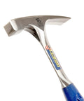 Close-up of Bricklayer And Mason Hammer 16 Oz USA Made Built Tough Pro Grade Masonry Tool with forged steel and shock grip handle.
