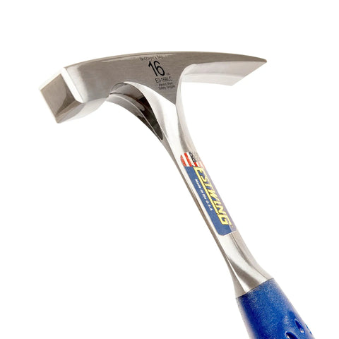 Close-up of Bricklayer And Mason Hammer 16 Oz USA Made Built Tough Pro Grade Masonry Tool with forged steel and shock grip handle.