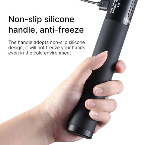 Person holding 10000mAh Battery Handle Grip for DSLR Action Camera and Smartphone Rig with non-slip silicone design.