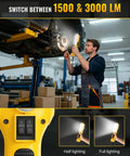 Technician using Built Tough 24W LED Work Light With 3000LM Output Dual 1500LM And 3000LM Settings under car in garage