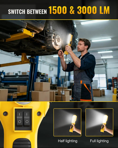 Technician using Built Tough 24W LED Work Light With 3000LM Output Dual 1500LM And 3000LM Settings under car in garage