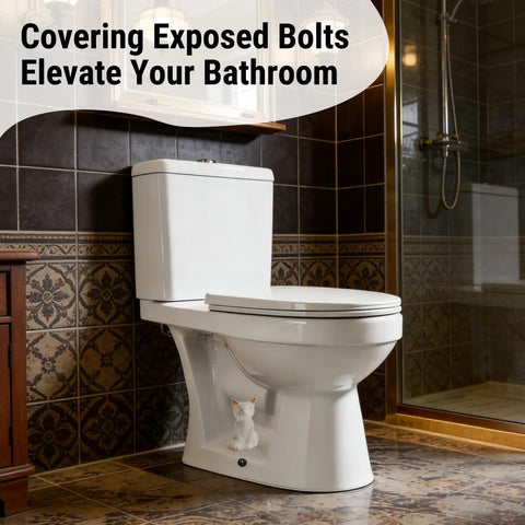 Premium Ceramic Toilet Bolt Covers With A Super Cute Cat Design To Crush Rust And Dampness While Keeping Your Bathroom Hardware Vibing Immaculately All Season Long in a stylish bathroom setting.