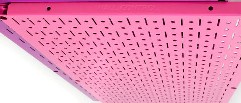 Dope Pink Metal Pegboard Wall Panels Pack, Two 32 Inch Tall By 16 Inch Wide Pegboard Boards close-up showing perforations and edge