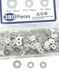 Dope All In One Aluminum Pop Rivet Washer Kit For 1/8 Inch, 5/32 Inch, 3/16 Inch Rivets, 350 Pc Assortment Of Silver Backup Washers For DIY Garage Projects displayed in open container