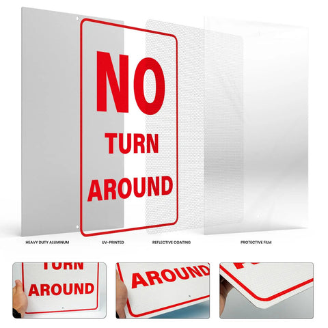 No Turn Around Sign Reflective Aluminum, Keeps Ya Seen In Darkness, Driveway Dead End Safety Marker, 18X12 inch aluminum sign detail.