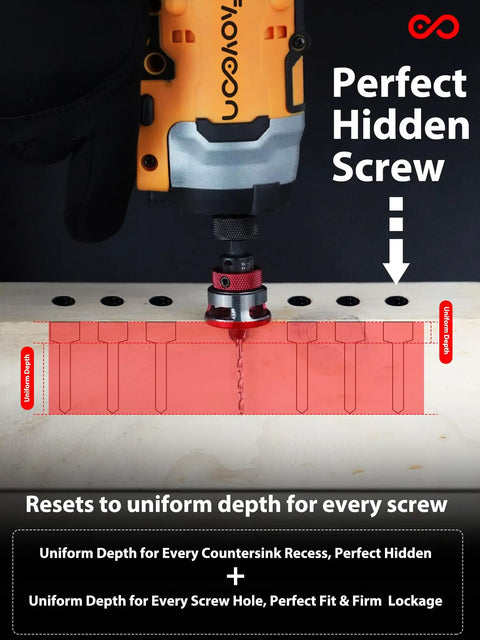 Heavy Duty Nine Piece Countersink Drill Bit Set With Adjustable Depth Stop Collar And Tct Alloy Steel Built To Shoot Straight For Eighty Two Degree Screw Prep And No Hassle Precision Work, showing adjustable depth collar on drill.