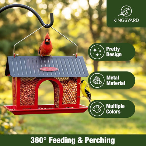 Outdoor Hanging Bird Feeder With Dual Mesh Compartments, Metal Seed Tray, And Weatherproof Roof in use, red finish with cardinals feeding