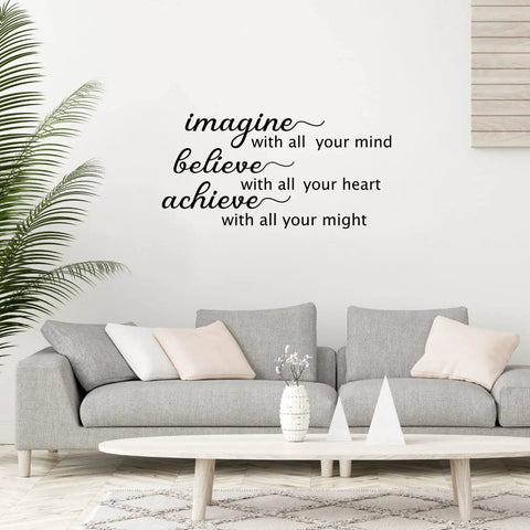 Living room with 9 Pcs Vinyl Wall Decals With Inspirational Quotes Removable Motivational Sayings Peel And Stick For School Classroom Home Office Black Font Classic Decor above sofa