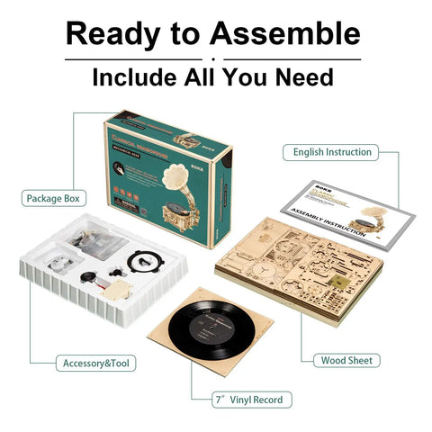 3D Wooden Gramophone Puzzle For Adults DIY Mechanical Model Kit 1 To 1 Replica Record Player For desk, box, instructions, wood sheets, 7-inch vinyl