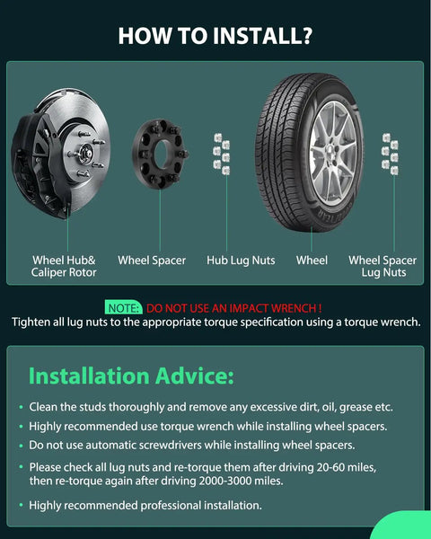 Installation diagram showing 2 Inch Wheel Spacers Adapters For Ford F 250 F 350 Super Duty 8x170 Bolt Pattern 8 Lug 14x1.5 Studs 130mm Center Bore Adds 1.25 Offset To Factory Wheels For A Tougher Street Ready Stance with torque recommendations.
