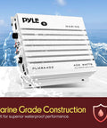 Hydra Marine 400W 4 Channel Amplifier Waterproof with dual MOSFET power supply on water background