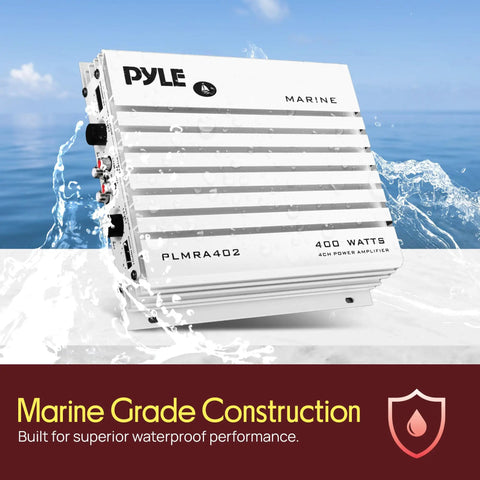 Hydra Marine 400W 4 Channel Amplifier Waterproof with dual MOSFET power supply on water background