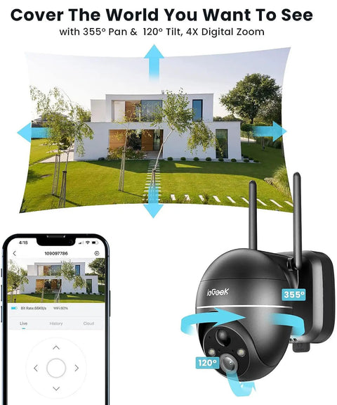 Solar Powered Wireless Outdoor Security Camera System With 360 Degree PTZ, Spotlight And Siren, shown with smartphone app control