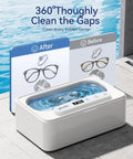 Ultrasonic Jewelry Cleaner Pro 47kHz Deep Cleaning Machine With Three Cleaning Modes For Retainers Mouth Guards Watches Rings Diamonds White Dope Cleaning Power showing before and after cleaning effects on jewelry and glasses