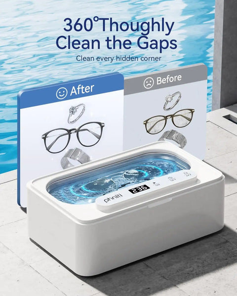 Ultrasonic Jewelry Cleaner Pro 47kHz Deep Cleaning Machine With Three Cleaning Modes For Retainers Mouth Guards Watches Rings Diamonds White Dope Cleaning Power showing before and after cleaning effects on jewelry and glasses