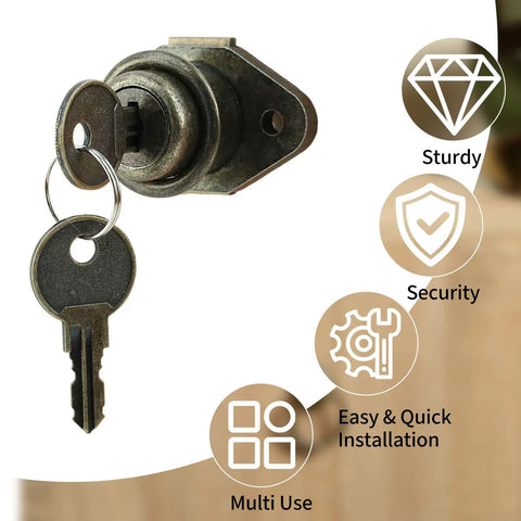 Heavy Duty Zinc Alloy Cabinet Drawer Lock With Antique Bronze Finish, Includes Secure Keys, Child Safe Furniture Hardware For Kitchen Pullout Drawers, Built Like A Tank With No Sweat Installation, showing key and lock detail.