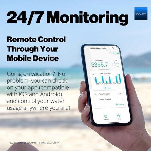 Smartphone displaying water usage data for One Inch Pulse Meter And Auto Shutoff Valve Kit YS5006 with FlowSmart Controller and LoRa Hub.