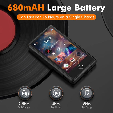 Massive 80GB Bluetooth MP3 Player And 3 Inch Portable MP4 Video Player With Built In Speaker FM Radio Video E Book Recording Supports All Formats Expandable To 256GB Black showing battery life