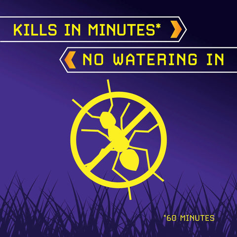 Illustration of yellow ant circled, text 'kills in minutes, no watering in,' promoting Fire Ant Mound Blitz Fire Ant Killer For Lawns Gardens And Ornamental Plants, 8 Pre-Measured Packs, Kill The Queen And The Entire Mound With One Pour, No Mixing No Watering, Perfect For Lawn Edges Flower Beds And Shrubs.