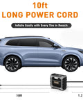 Portable Tire Inflator With Digital Pressure Gauge 12V DC Air Compressor For Car Tires Bikes And Motorcycles Fast Inflation Up To 150 PSI Compact Travel Pump with 10 ft power cord next to SUV car.