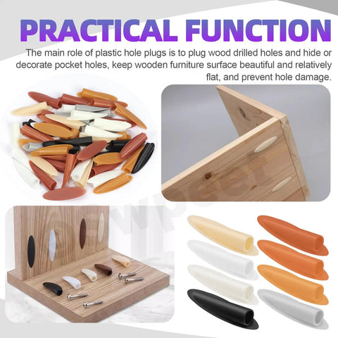 360 Piece Pocket Hole Plug Kit With Screws, 7mm Plastic Plugs In 8 Colors, slant oblique hole caps displayed with wooden board.