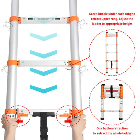 Instructions on One-Button Retractable Telescoping Attic Ladder 8.5 Ft Aluminum Extension Collapsible Heavy-Duty 330 Lb Max