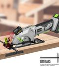 20V Cordless Mini Circular Saw With Laser Guide And Dual Blades Compact Wood Cutter Featuring Badass Pure Copper Motor positioned on wood with laser guide.