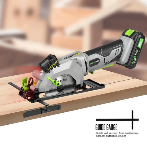 20V Cordless Mini Circular Saw With Laser Guide And Dual Blades Compact Wood Cutter Featuring Badass Pure Copper Motor positioned on wood with laser guide.