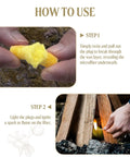 Two-step guide showing how to use Waterproof Fire Plugs And Windproof Fire Starters for campfires, with hands demonstrating steps.