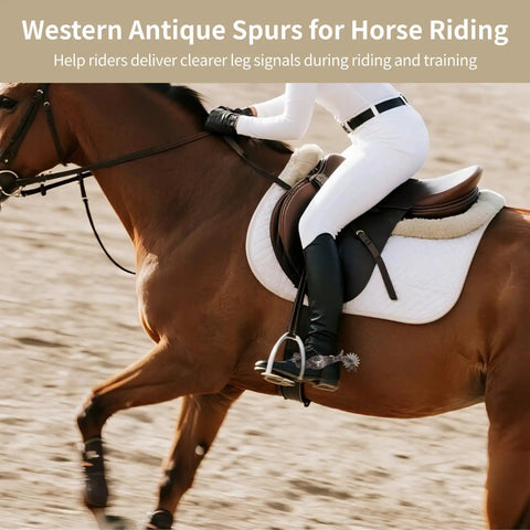 Kickin Western Spurs With Turnable Gear For Cowboy Boots 2 Piece Set in use during horse riding