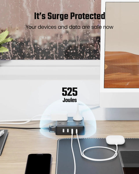 12 In 1 Power Strip With USB Ports For Home Office Dorm Travel And More, 8 Widely Spaced AC Outlets, 3 USB A Ports And 1 USB C Port on desk