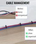 Heavy Duty 12 Inch Zip Ties 1000 Pack Black Self Locking Nylon Cable Ties For Indoor And Outdoor Use Up To 50 Lb Tensile Strength UV Resistant 0.19 Inch Wide Weatherproof Ties For Home Garage And Workshop organizing cables on a desk, before and after comparison showing tidiness with cable management.