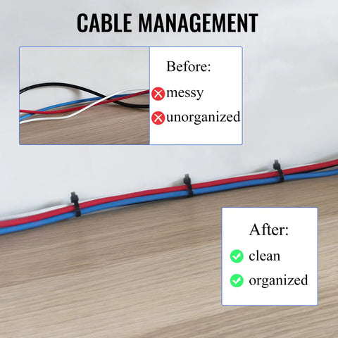 Heavy Duty 12 Inch Zip Ties 1000 Pack Black Self Locking Nylon Cable Ties For Indoor And Outdoor Use Up To 50 Lb Tensile Strength UV Resistant 0.19 Inch Wide Weatherproof Ties For Home Garage And Workshop organizing cables on a desk, before and after comparison showing tidiness with cable management.