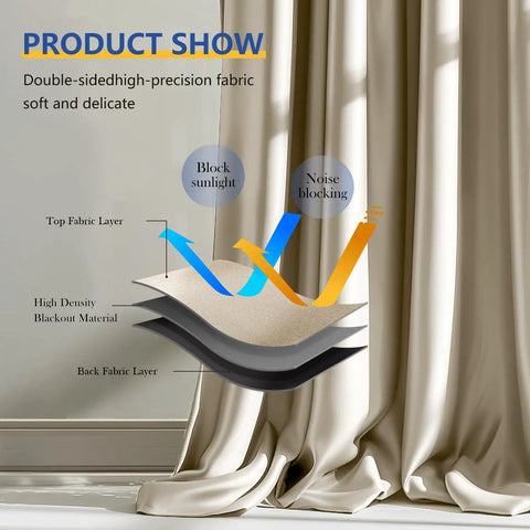 Smooth Move Blackout Room Divider Curtain Panel For Living Room Bedroom Office Privacy Screen Wall Hanging Track Compatible Beige Worry Free Setup Solid Light Blocking Fabric 100 X 96 layered fabric illustration showing sunlight and noise blocking features.