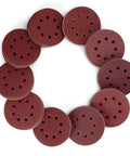 Cool 160 Pc Set Of 5 Inch Sanding Discs With Eight Holes And Hook Loop Backing for Random Orbital Sanders, red sanding discs arranged in a circle.