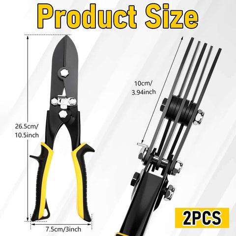 2-Piece 5-Blade Hand Crimper For Sheet Metal And Gutter, black ergonomic grip, measuring 10.5 inches, side view, dimensions shown