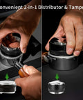 Heavy Duty 51mm Espresso Accessories Kit With Dual Head Coffee Distributor And Tamper in use with portafilter