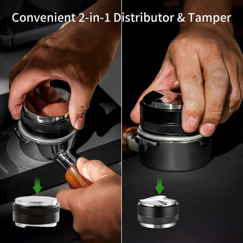 Heavy Duty 51mm Espresso Accessories Kit With Dual Head Coffee Distributor And Tamper in use with portafilter