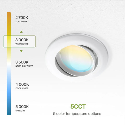 4 Inch Gimbal LED Recessed Light Kit White Trim 10W 860LM Adjustable CCT 2700K 3000K 3500K 4000K 5000K Dimmable Rotating Eyeball Directional Downlight UL Listed 6 Pack with five color temperature options shown