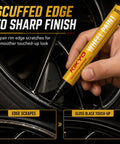 Heavy Duty Wheel Scratch Repair Kit For Curb Rash And Gloss Black Rim Touch Up Paint in use on a rim showing edge touch-up process.