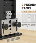 Close-up of Professional Adjustable Wire Stripper Machine showing 2 feeding panels for various wire sizes from 18 AWG to 250 MCM.