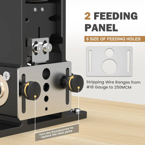 Close-up of Professional Adjustable Wire Stripper Machine showing 2 feeding panels for various wire sizes from 18 AWG to 250 MCM.