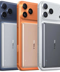 Straight Up Top Shelf MagSafe Power Bank With Hella Fast 18W Charging Pulls A Solid 5000mAh Capacity displayed in blue, orange, and gray.