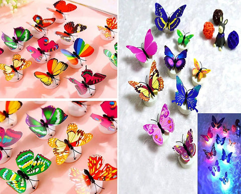 Dope LED Butterfly Decoration Lights Set Of 12 showing colorful luminous butterflies on adhesive bases for garden decor.