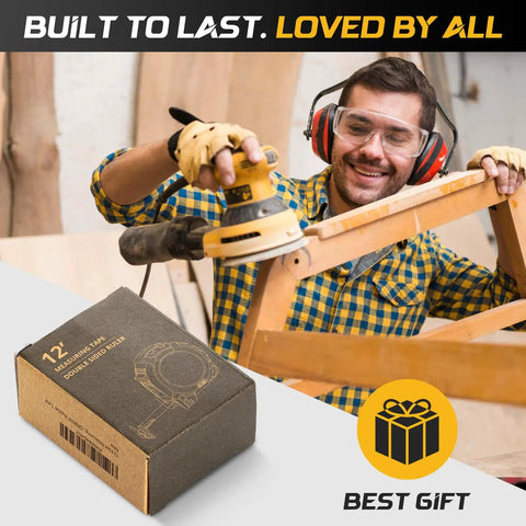 Worker using tools with box of 12 Foot Magnetic Tape Measure With Magnetic Hook And Fraction Markings nearby, labeled as best gift.