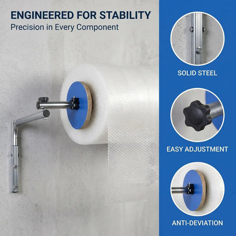 Slick Wall Mount Bubble Wrap Dispenser With Heavy Duty Galvanized Steel and Smooth Tidy Rewind ready packs shipping fits air cushion film rolls up to forty inches wide, showcasing stable design and easy adjustment features.