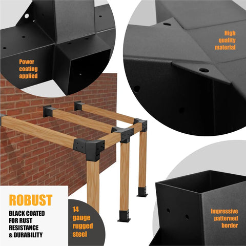 Heavy Duty Pergola Bracket Set With 15 Degree 3-Way Slanted Roof, Wall Mount Extension 4x4 Inches, Inner 3.5x3.5, Weatherproof Metal